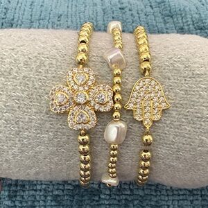 Gold Beaded Stretch Bracelet Set with Charms